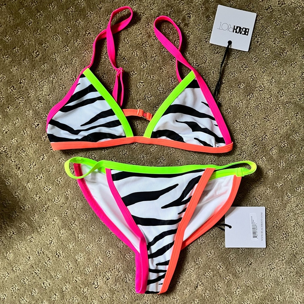 Beach Riot Zebra Print Bikini with Neon Pink and Green Accents
